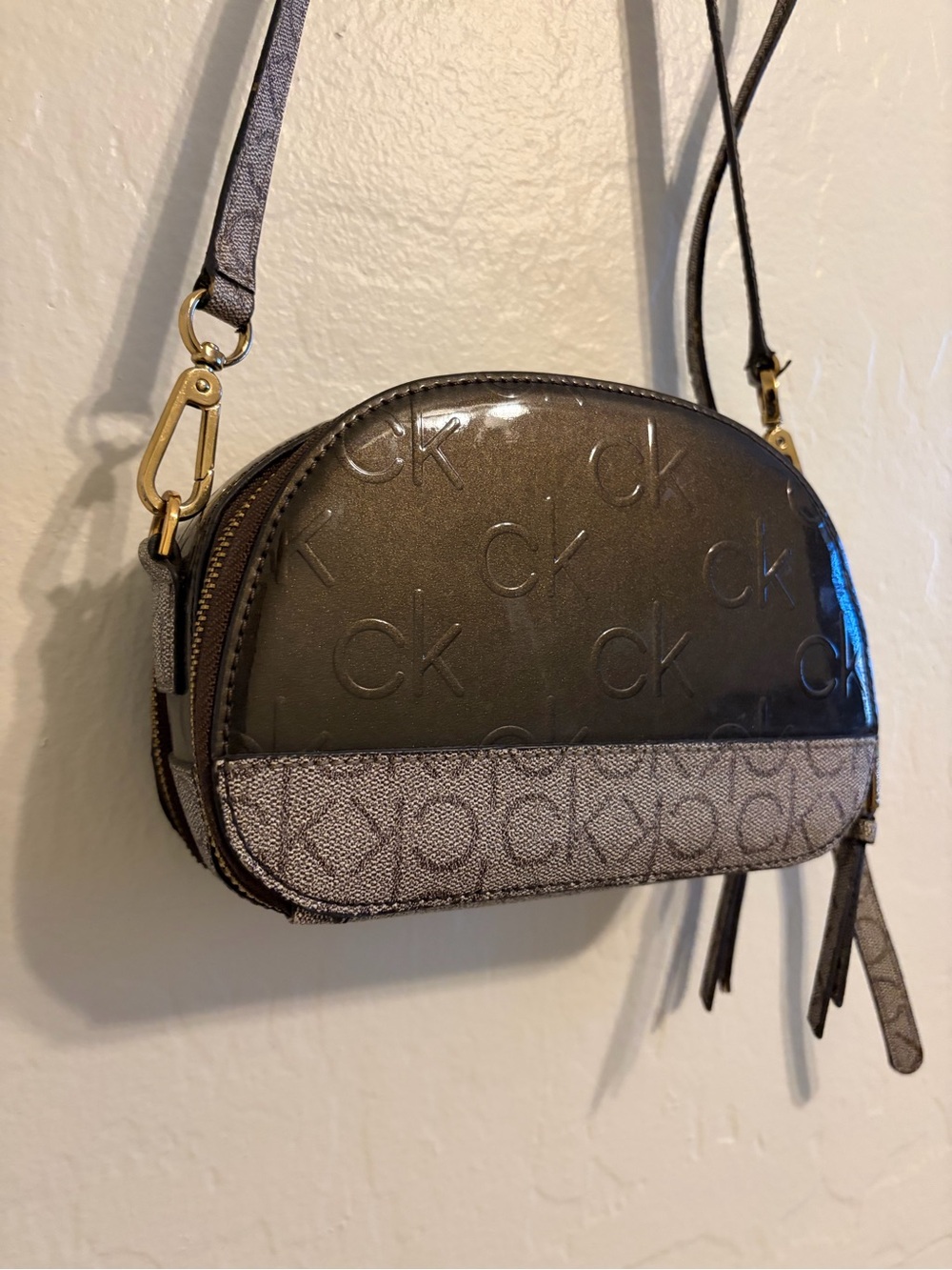Calvin Klein Chocolate Brown Embossed CK Crossbody Bag